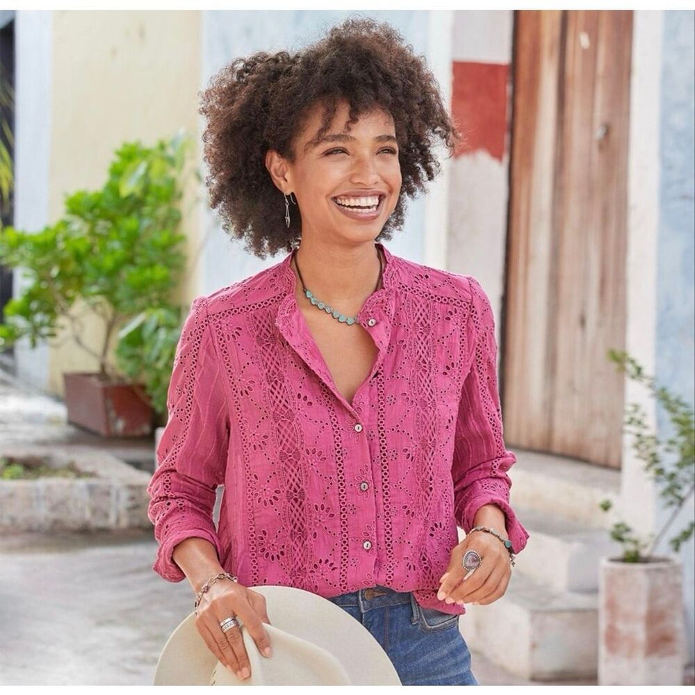 Sundance Marion Eyelet Pink Button Up Floral Top Size Small